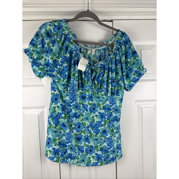 Cato Tops - Cato Top Medium Rounded Tie Neck Bright Blue And Green Flowers NWT